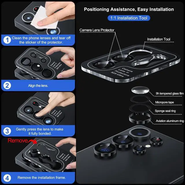 Alt view image 6 of 6 - for Samsung Galaxy S25 Ultra Camera Lens Protector - Ultra Thin Case Friendly, 9H Shatterproof Tempered Glass with Aluminum Metal Circle Camera Screen Protector Cover Accessories, Black