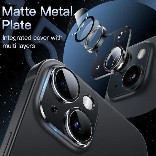 Alt view image 3 of 7 - Camera Lens Protector for iPhone 15 6.1-Inch and iPhone 15 Plus 6.7-Inch, Full Coverage 9H Tempered Glass Ring Cover, Matte Metal Plate, Case Friendly, 1-Pack (Midnight)