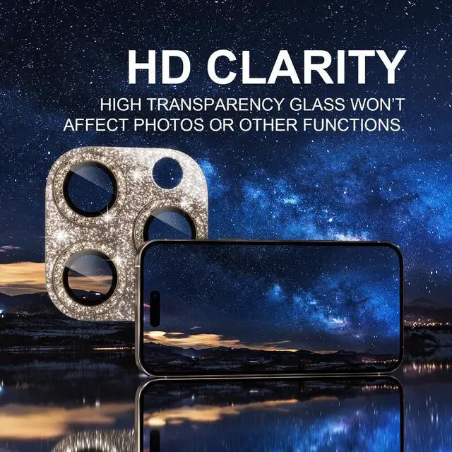 Alt view image 5 of 7 - Compatible for iPhone 16 Pro/iPhone 16 Pro Max Camera Lens Protector, Bling Camera Cover with 9H Tempered Glass Lens Screen Protector Metal Ring Accessories (Glitter-Titanium Desert)