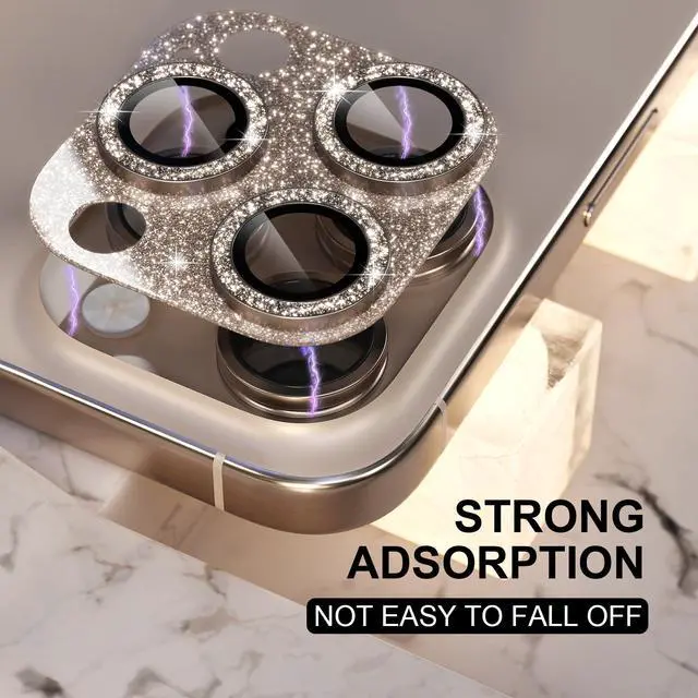 Alt view image 6 of 7 - Compatible for iPhone 16 Pro/iPhone 16 Pro Max Camera Lens Protector, Bling Camera Cover with 9H Tempered Glass Lens Screen Protector Metal Ring Accessories (Glitter-Titanium Desert)
