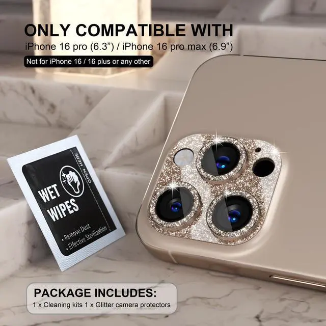 Alt view image 2 of 7 - Compatible for iPhone 16 Pro/iPhone 16 Pro Max Camera Lens Protector, Bling Camera Cover with 9H Tempered Glass Lens Screen Protector Metal Ring Accessories (Glitter-Titanium Desert)
