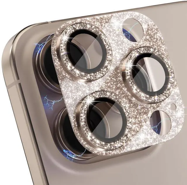 Main image of Compatible for iPhone 16 Pro/iPhone 16 Pro Max Camera Lens Protector, Bling Camera Cover with 9H Tempered Glass Lens Screen Protector Metal Ring Accessories (Glitter-Titanium Desert)