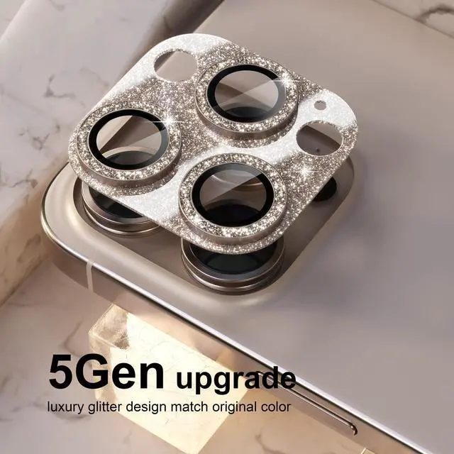 Alt view image 7 of 7 - Compatible for iPhone 16 Pro/iPhone 16 Pro Max Camera Lens Protector, Bling Camera Cover with 9H Tempered Glass Lens Screen Protector Metal Ring Accessories (Glitter-Titanium Desert)
