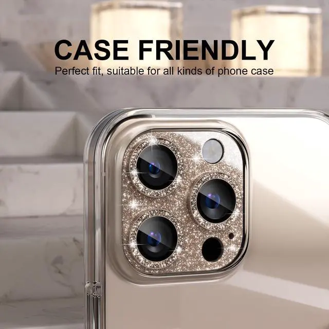 Alt view image 4 of 7 - Compatible for iPhone 16 Pro/iPhone 16 Pro Max Camera Lens Protector, Bling Camera Cover with 9H Tempered Glass Lens Screen Protector Metal Ring Accessories (Glitter-Titanium Desert)