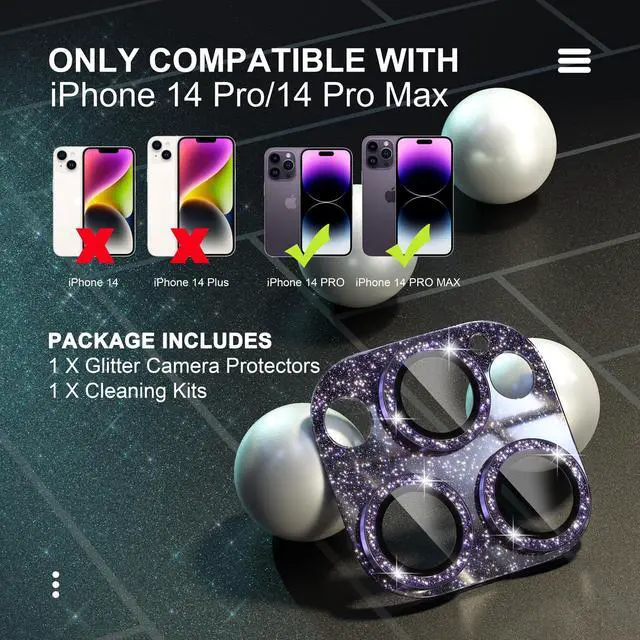 Alt view image 2 of 7 - for iPhone 14 Pro/iPhone 14 Pro Max Camera Lens Protector, Bling Camera Cover with 9H Tempered Glass Lens Screen Protector Metal Ring Decoration Accessories (Glitter-Purple)