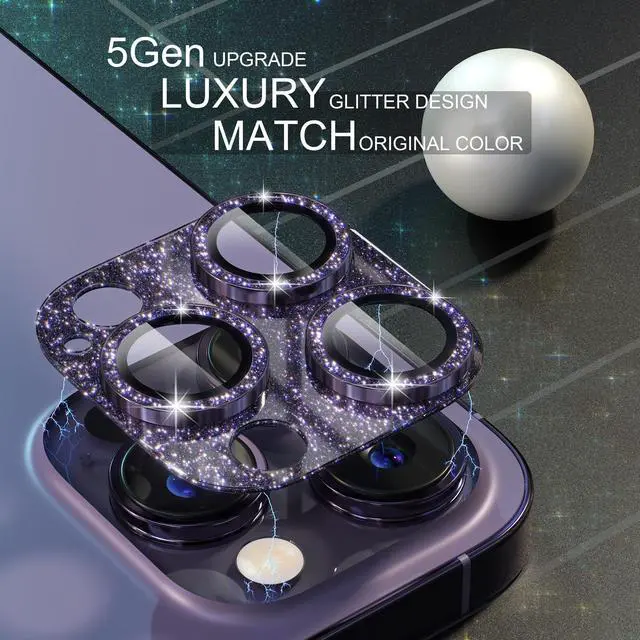 Alt view image 3 of 7 - for iPhone 14 Pro/iPhone 14 Pro Max Camera Lens Protector, Bling Camera Cover with 9H Tempered Glass Lens Screen Protector Metal Ring Decoration Accessories (Glitter-Purple)