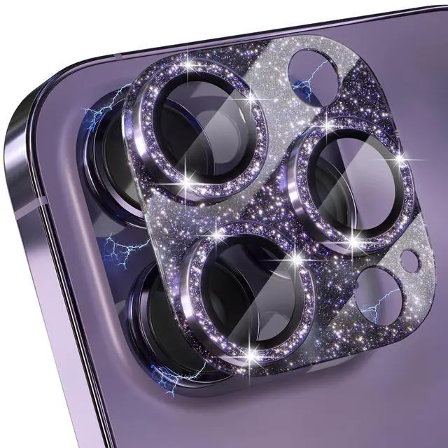 Main image of for iPhone 14 Pro/iPhone 14 Pro Max Camera Lens Protector, Bling Camera Cover with 9H Tempered Glass Lens Screen Protector Metal Ring Decoration Accessories (Glitter-Purple)