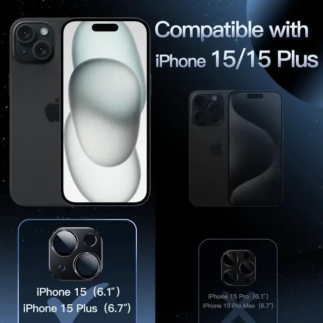 Alt view image 2 of 7 - Camera Lens Protector for iPhone 15 6.1-Inch and iPhone 15 Plus 6.7-Inch, Full Coverage 9H Tempered Glass Ring Cover, Matte Metal Plate, Case Friendly, 1-Pack (Midnight)