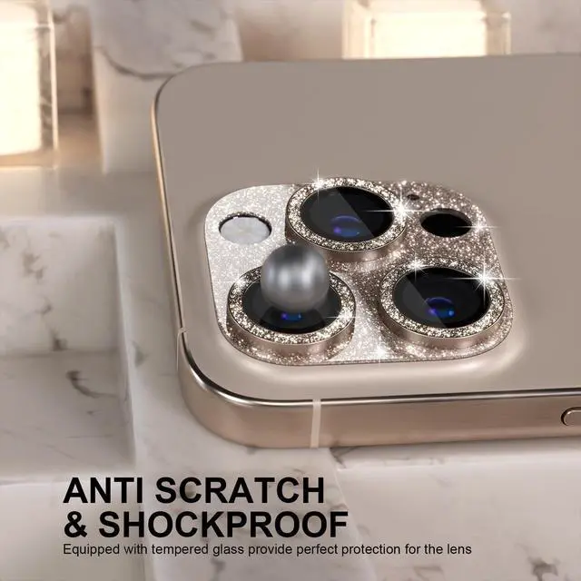 Alt view image 3 of 7 - Compatible for iPhone 16 Pro/iPhone 16 Pro Max Camera Lens Protector, Bling Camera Cover with 9H Tempered Glass Lens Screen Protector Metal Ring Accessories (Glitter-Titanium Desert)