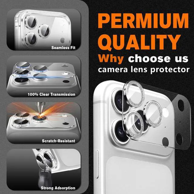 Alt view image 5 of 7 - 2 Pack for iPhone 17 Pro Max Camera Lens Protector,Bling Tempered Glass 9 Hardness,Anti-Scratch High Definition Camera Screen Protector (Silver)