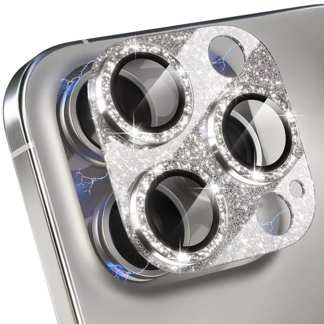 Main image of Compatible for iPhone 15 Pro/iPhone 15 Pro Max Camera Lens Protector, Bling Camera Cover with 9H Tempered Glass Lens Screen Protector Metal Ring Decoration Accessories (Glitter-Titanium Natural)