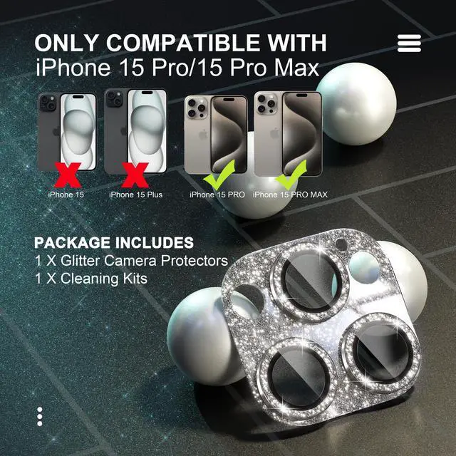 Alt view image 2 of 7 - Compatible for iPhone 15 Pro/iPhone 15 Pro Max Camera Lens Protector, Bling Camera Cover with 9H Tempered Glass Lens Screen Protector Metal Ring Decoration Accessories (Glitter-Titanium Natural)