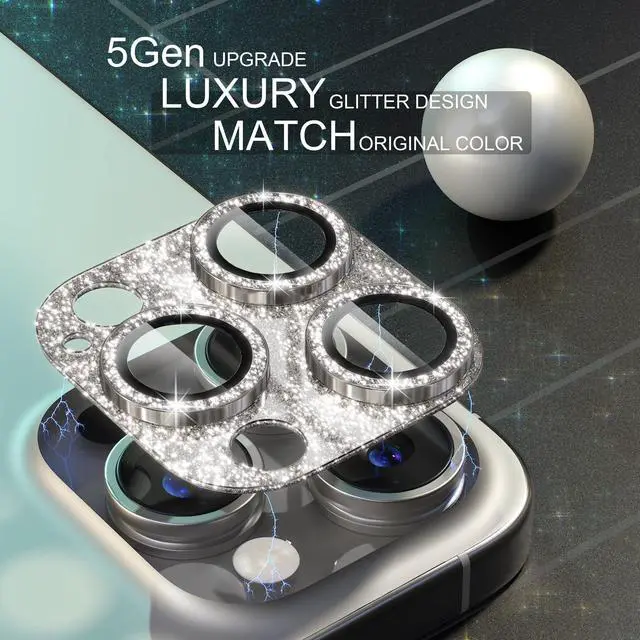 Alt view image 3 of 7 - Compatible for iPhone 15 Pro/iPhone 15 Pro Max Camera Lens Protector, Bling Camera Cover with 9H Tempered Glass Lens Screen Protector Metal Ring Decoration Accessories (Glitter-Titanium Natural)