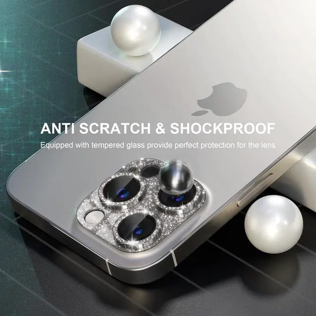 Alt view image 4 of 7 - Compatible for iPhone 15 Pro/iPhone 15 Pro Max Camera Lens Protector, Bling Camera Cover with 9H Tempered Glass Lens Screen Protector Metal Ring Decoration Accessories (Glitter-Titanium Natural)