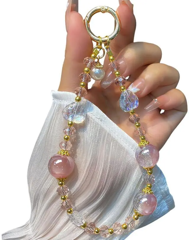 Main image of Sparkling Pink Phone Charm, Beaded Phone Wrist Strap For Women