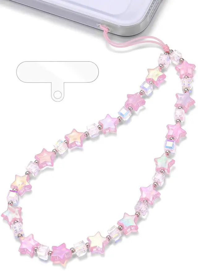 Main image of Phone Charm Wrist Strap, Beaded Lanyard Wristlet Chain, Anti-Theft & Hands-Free Bracelet Strap for iPhone & More Cell Phone Cases (Pink Star)
