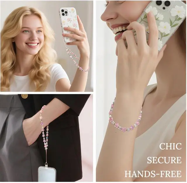Alt view image 3 of 7 - Phone Charm Wrist Strap, Beaded Lanyard Wristlet Chain, Anti-Theft & Hands-Free Bracelet Strap for iPhone & More Cell Phone Cases (Pink Star)