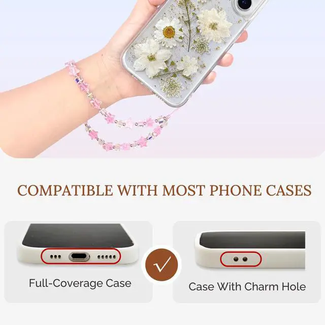 Alt view image 7 of 7 - Phone Charm Wrist Strap, Beaded Lanyard Wristlet Chain, Anti-Theft & Hands-Free Bracelet Strap for iPhone & More Cell Phone Cases (Pink Star)