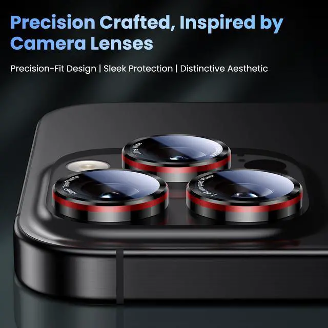 Alt view image 3 of 7 - for iPhone (17/16/15/14 Pro Max) and iPhone (17/16/15/14 Pro) Camera Lens Protector - Military-Grade Tempered Glass Metal Camera Cover, Black+Red