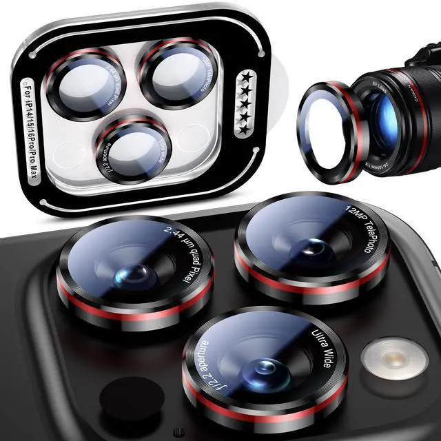 Alt view image 7 of 7 - for iPhone (17/16/15/14 Pro Max) and iPhone (17/16/15/14 Pro) Camera Lens Protector - Military-Grade Tempered Glass Metal Camera Cover, Black+Red