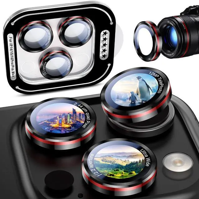 Main image of for iPhone (17/16/15/14 Pro Max) and iPhone (17/16/15/14 Pro) Camera Lens Protector - Military-Grade Tempered Glass Metal Camera Cover, Black+Red
