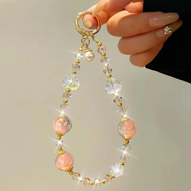 Alt view image 2 of 7 - Sparkling Pink Phone Charm, Beaded Phone Wrist Strap For Women
