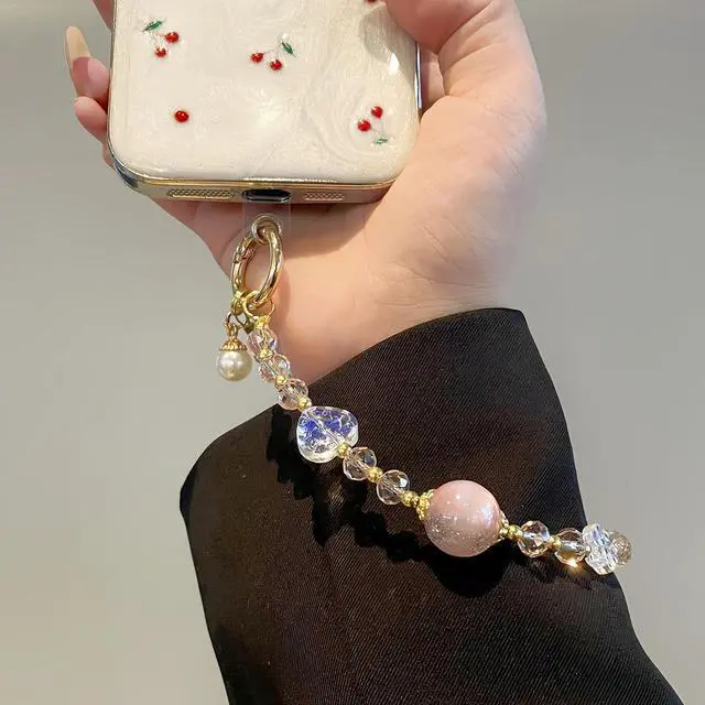 Alt view image 4 of 7 - Sparkling Pink Phone Charm, Beaded Phone Wrist Strap For Women