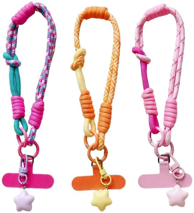 Main image of 3 Pack Adjustable Braided Cell Phone Wrist Strap with Star Keychain Charm