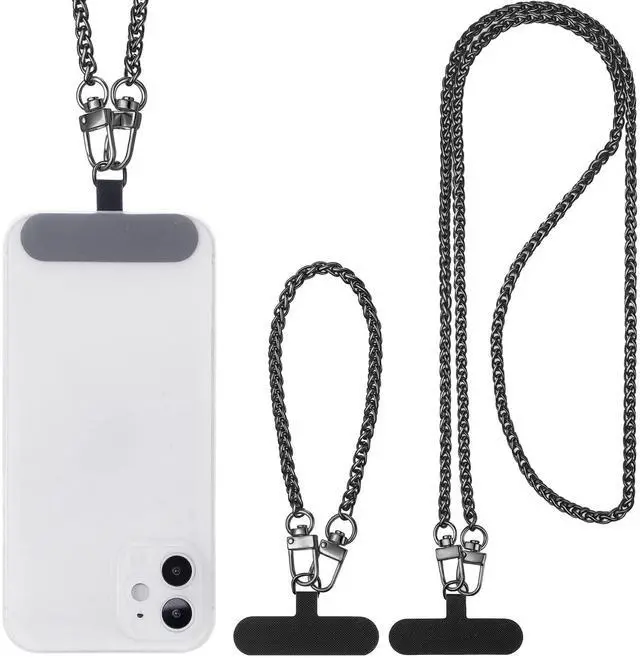 Main image of 2 Pack Phone Chain Crossbody Phone Strap Lanyard Metal Neck Wrist Bracelet Chain Charm with Tether Tab for Women(Deep Black)