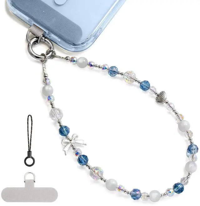 Main image of Phone Charm, Pearl Crystal Beaded Wrist Strap for Women, Hands-Free Anti-Drop and Anti-Theft Phone Lanyard, Detachable with Tether Tab & Black Short Strap, Compatible with All Phones (Knots Oceans)