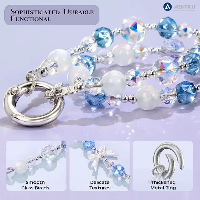 Alt view image 2 of 7 - Phone Charm, Pearl Crystal Beaded Wrist Strap for Women, Hands-Free Anti-Drop and Anti-Theft Phone Lanyard, Detachable with Tether Tab & Black Short Strap, Compatible with All Phones (Knots Oceans)