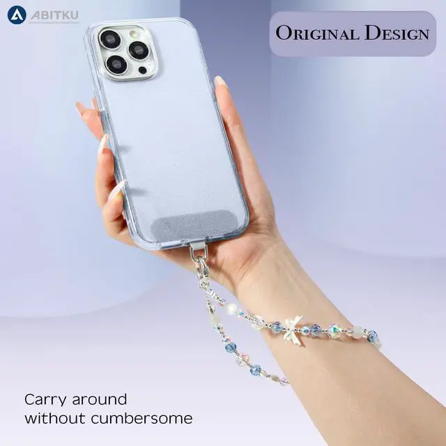 Alt view image 4 of 7 - Phone Charm, Pearl Crystal Beaded Wrist Strap for Women, Hands-Free Anti-Drop and Anti-Theft Phone Lanyard, Detachable with Tether Tab & Black Short Strap, Compatible with All Phones (Knots Oceans)