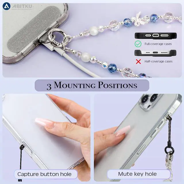 Alt view image 3 of 7 - Phone Charm, Pearl Crystal Beaded Wrist Strap for Women, Hands-Free Anti-Drop and Anti-Theft Phone Lanyard, Detachable with Tether Tab & Black Short Strap, Compatible with All Phones (Knots Oceans)