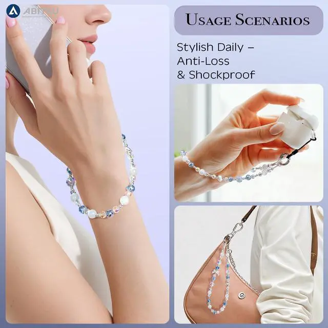 Alt view image 5 of 7 - Phone Charm, Pearl Crystal Beaded Wrist Strap for Women, Hands-Free Anti-Drop and Anti-Theft Phone Lanyard, Detachable with Tether Tab & Black Short Strap, Compatible with All Phones (Knots Oceans)