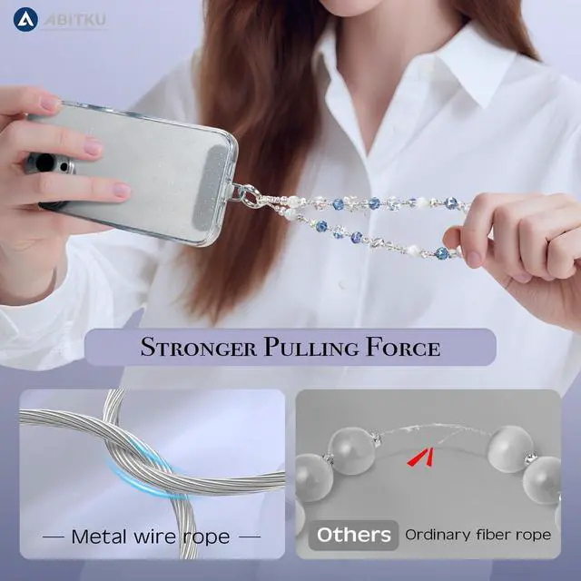 Alt view image 6 of 7 - Phone Charm, Pearl Crystal Beaded Wrist Strap for Women, Hands-Free Anti-Drop and Anti-Theft Phone Lanyard, Detachable with Tether Tab & Black Short Strap, Compatible with All Phones (Knots Oceans)