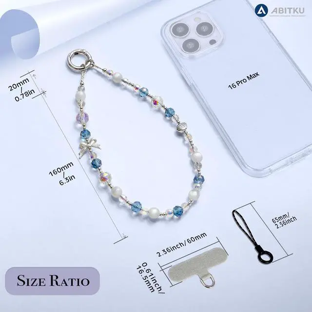 Alt view image 7 of 7 - Phone Charm, Pearl Crystal Beaded Wrist Strap for Women, Hands-Free Anti-Drop and Anti-Theft Phone Lanyard, Detachable with Tether Tab & Black Short Strap, Compatible with All Phones (Knots Oceans)