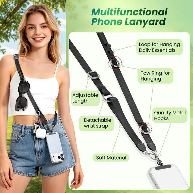 Alt view image 2 of 7 - Multifunctional Phone Lanyard, 3 in 1 Cell Phone Detachable Adjustable Crossbody Strap & Neck Lanyard & Wrist Lanyard with 2x Tether Tab for Most Smartphones, Outdoor Travel Essential Black