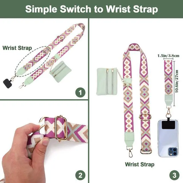 Alt view image 5 of 7 - Clip and Go Strap for Phone with Wallet Crossbody, Phone Strap with Zippered Wallet, Adjustable Anti Theft Cellphone Lanyard for Women, Cellphone Chain Accessories Green