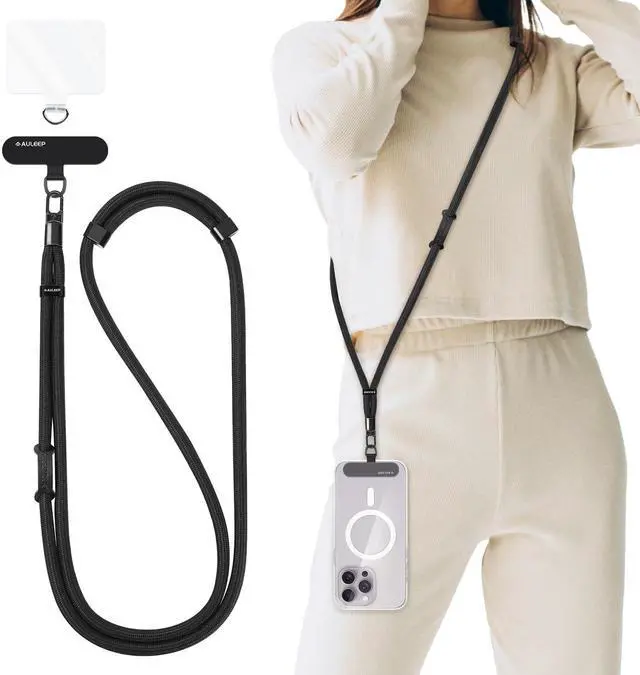 Main image of Universal Phone Lanyard Corssbody, Anti-theft Phone Strap for Women and Men, Adjustable Cell Phone Neck Lanyard for all iPhone and Smartphone, with 2 Phone Tethers (Metal & Plastic), Black
