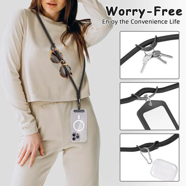 Alt view image 4 of 7 - Universal Phone Lanyard Corssbody, Anti-theft Phone Strap for Women and Men, Adjustable Cell Phone Neck Lanyard for all iPhone and Smartphone, with 2 Phone Tethers (Metal & Plastic), Black