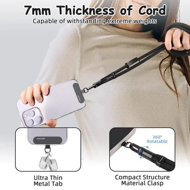 Alt view image 2 of 7 - Universal Phone Lanyard Corssbody, Anti-theft Phone Strap for Women and Men, Adjustable Cell Phone Neck Lanyard for all iPhone and Smartphone, with 2 Phone Tethers (Metal & Plastic), Black