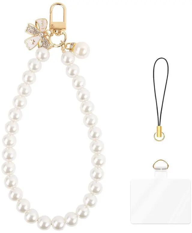 Main image of Pearl Phone Charm for Women, White Butterfly Bow Beaded Smartphone Bracelet Wrist Strap, Handmade Chain for iPhone, 1pc