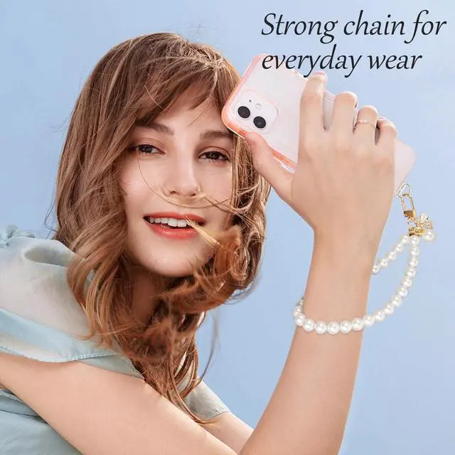 Alt view image 2 of 7 - Pearl Phone Charm for Women, White Butterfly Bow Beaded Smartphone Bracelet Wrist Strap, Handmade Chain for iPhone, 1pc