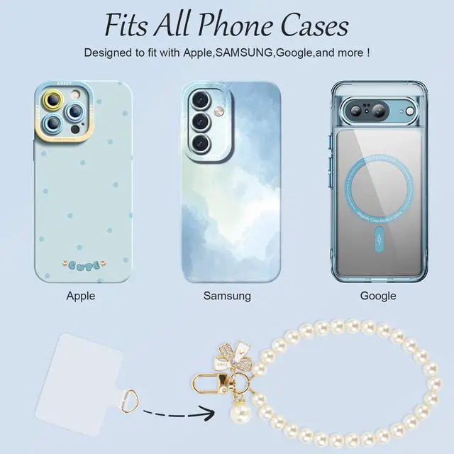 Alt view image 5 of 7 - Pearl Phone Charm for Women, White Butterfly Bow Beaded Smartphone Bracelet Wrist Strap, Handmade Chain for iPhone, 1pc