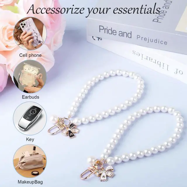 Alt view image 7 of 7 - Pearl Phone Charm for Women, White Butterfly Bow Beaded Smartphone Bracelet Wrist Strap, Handmade Chain for iPhone, 1pc