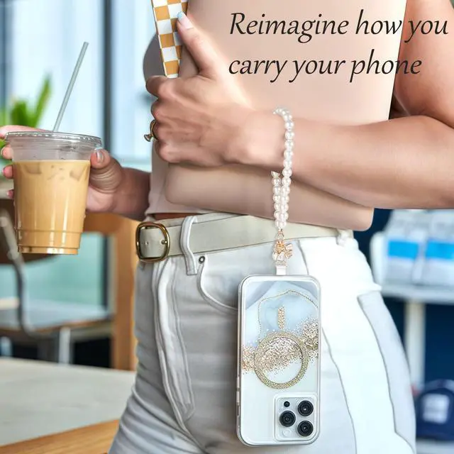 Alt view image 6 of 7 - Pearl Phone Charm for Women, White Butterfly Bow Beaded Smartphone Bracelet Wrist Strap, Handmade Chain for iPhone, 1pc