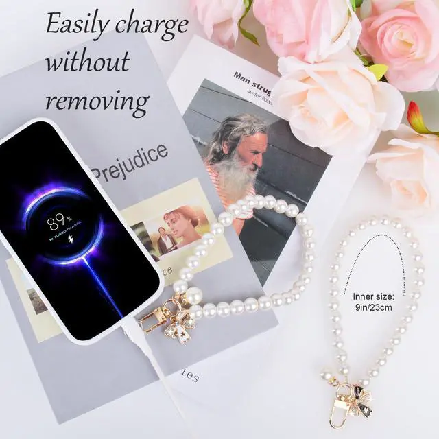Alt view image 3 of 7 - Pearl Phone Charm for Women, White Butterfly Bow Beaded Smartphone Bracelet Wrist Strap, Handmade Chain for iPhone, 1pc