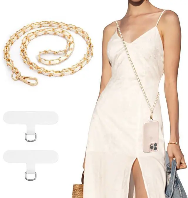 Main image of Phone Lanyard Metal Chain Crossbody, Gold & White