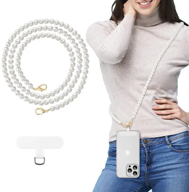 Main image of Pearl Beaded Phone Chain Lanyard Crossbody Strap with Patches