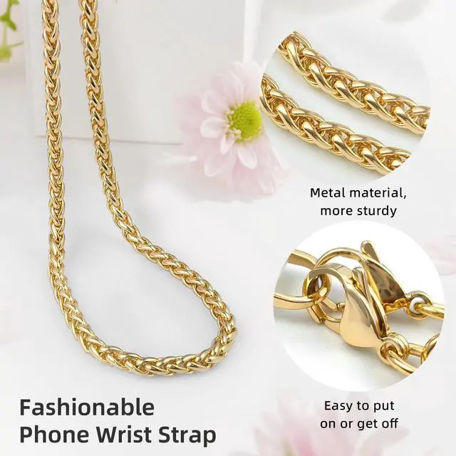Alt view image 2 of 7 - Phone Charm Strap Metal Chain Wristlet for iPhone case Hands-Free Phone Wrist Strap with 2 Tether Tabs Anti Theft strap for Women & Girls Travelling & Parties(Honey Gold)